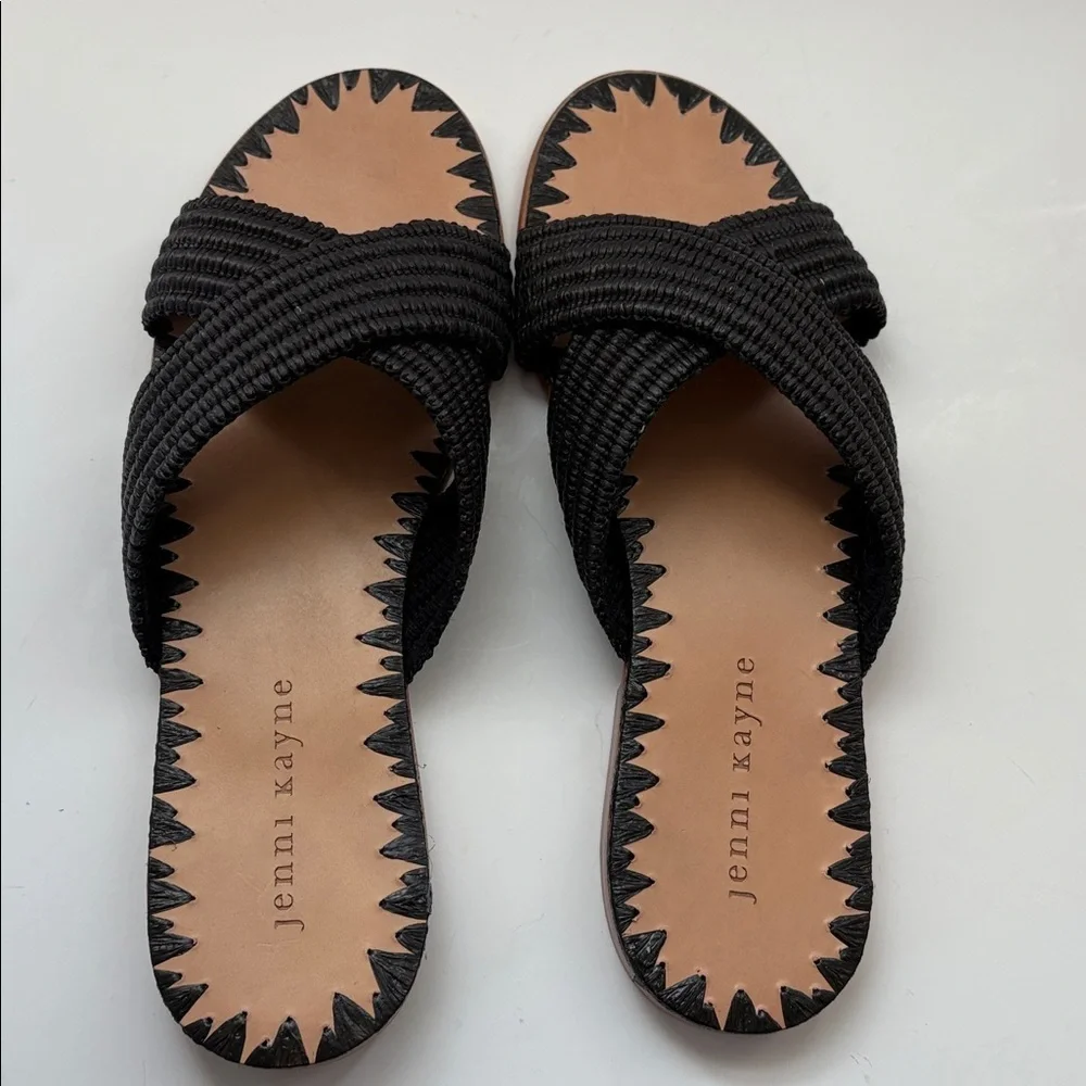 Jenni Kayne Woman’s Rafia Crossover & Leather Flat Sandals Black Size 38 New